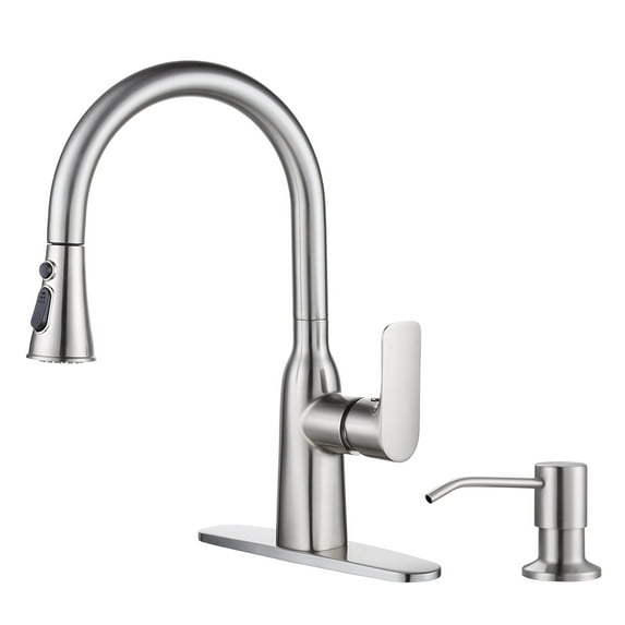 Wowow Single Handle Pull Down Sprayer Kitchen Faucet with Soap Dispenser in Vibrant Stainless Steel in Brushed Nickel