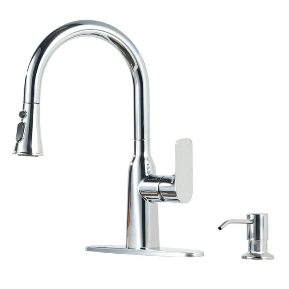 Wowow Single Handle Pull Down Sprayer Kitchen Faucet with Soap Dispenser in Vibrant Stainless Steel in Polished Chrome