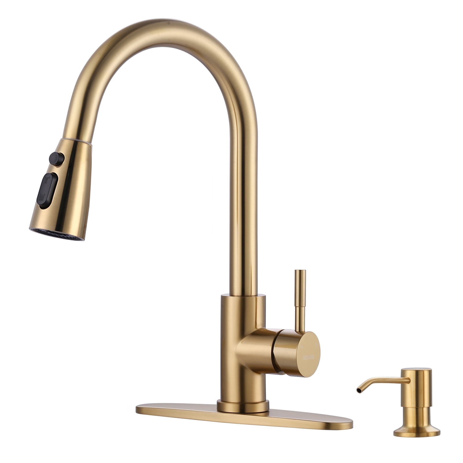 Wowow Single Handle Stainless Steel Pull Down Kitchen Faucet with Sprayer and Soap Dispenser, Gold