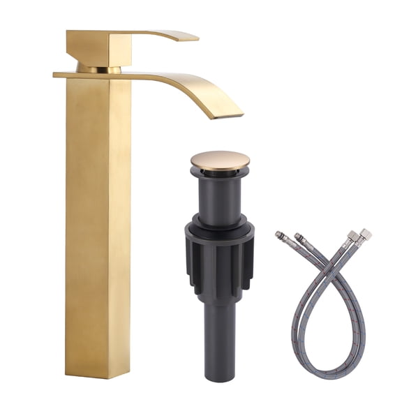 Wowow Single Handle Waterfall Single Hole Bathroom Faucet with Drain Kit Included in Brushed Gold