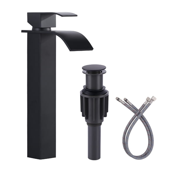 Wowow Single Handle Waterfall Single Hole Bathroom Faucet with Drain Kit Included in Matte Black