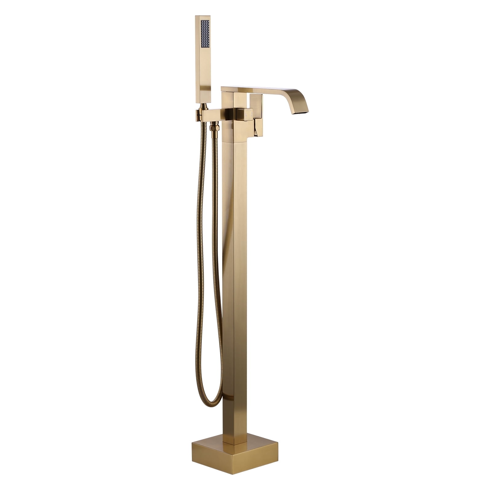 Wowow Single handle Floor Mount Freestanding Waterfall Bathtub Faucet in Gold with Handheld Shower (Valve Included)