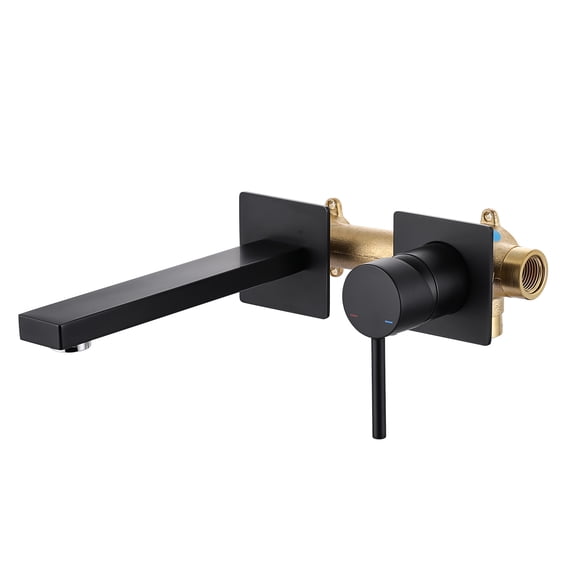 Wowow Solid Brass Single Handle Wall Mounted Bathroom Faucet with Rough-In Valve in Matte Black