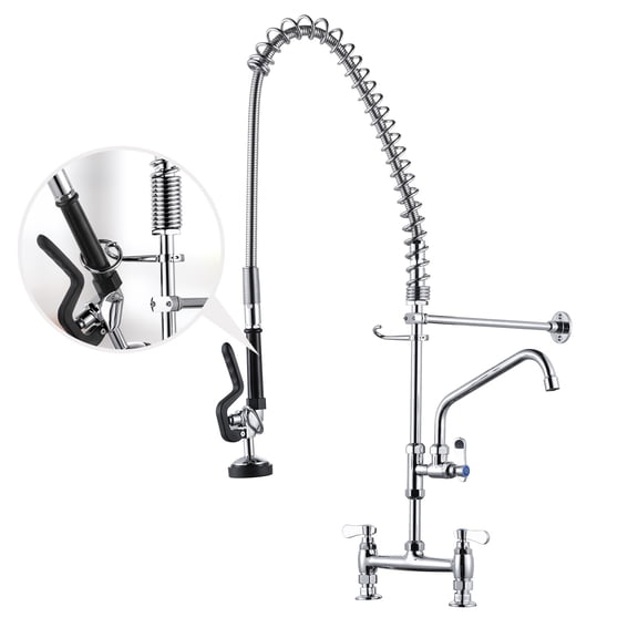 Wowow Solid Brass Triple Handle Commercial Pull Down Sprayer Kitchen Faucet with Pre-Rinse Sprayer in Chrome