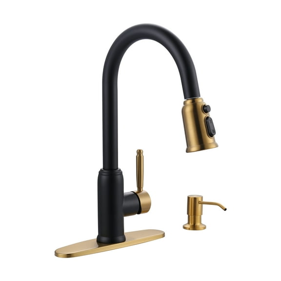 Wowow Stainless Steel Kitchen Faucet with Soap Dispenser, Black and Gold Kitchen Faucet for Sinks