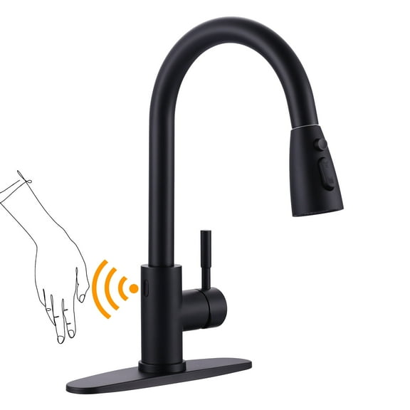 Wowow Touchless Single Handle Pull Down Sprayer Kitchen Faucet with Deck Plate in Matte Black