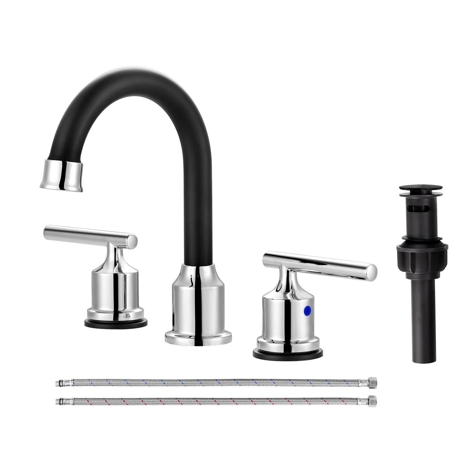 Polished Chrome and Black Stainless Steel Double Handle Bathroom Faucet