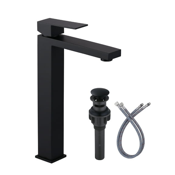 Wowow Vessel Sink Faucet Black, Single Handle Tall Bathroom Faucet, Single Hole Lavatory Vanity Mixer Bar Tap with Pop Up Drain and Faucet Supply Lines