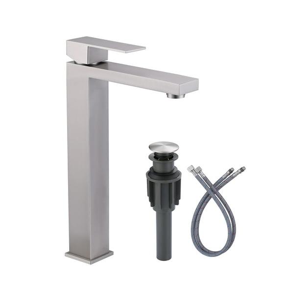 Wowow Vessel Sink Faucet Brushed Nickel, Single Handle Tall Bathroom Faucet, Single Hole Lavatory Vanity Mixer Bar Tap with Pop Up Drain and Faucet Supply Lines