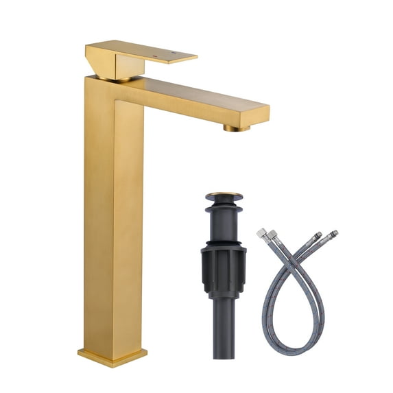 Wowow Vessel Sink Faucet Gold, Single Handle Tall Bathroom Faucet, Single Hole Lavatory Vanity Mixer Bar Tap with Pop Up Drain and Faucet Supply Lines