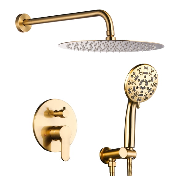 Wowow Wall Mount Single Handle 7-Spray Shower Faucet 1.8 GPM with 12 in. Round Shower Head and Handheld Shower in Gold