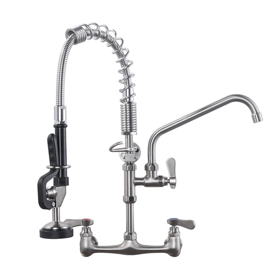 Wowow Wall Mount Triple Handle Pull Down Sprayer Kitchen Faucet with Pre-Rinse Sprayer with Advanced Spray in Brushed Nickel