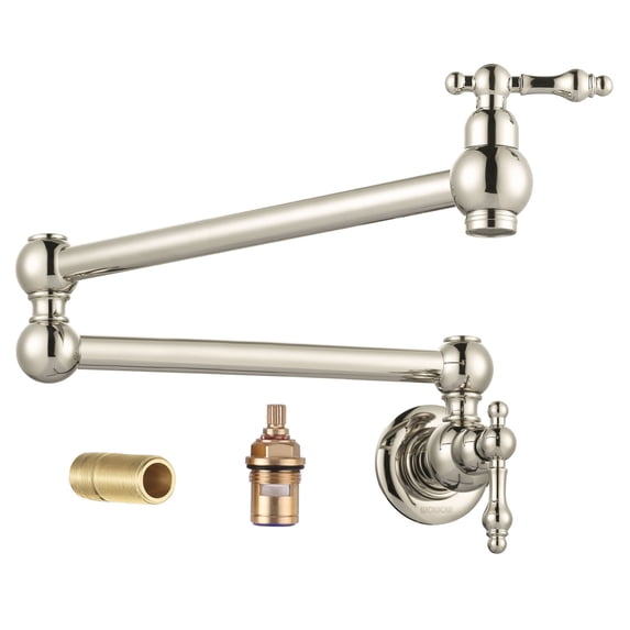 Wowow Wall Mounted Pot Filler with 2-Handles Double Joint Swing Arm in Polished Nickel