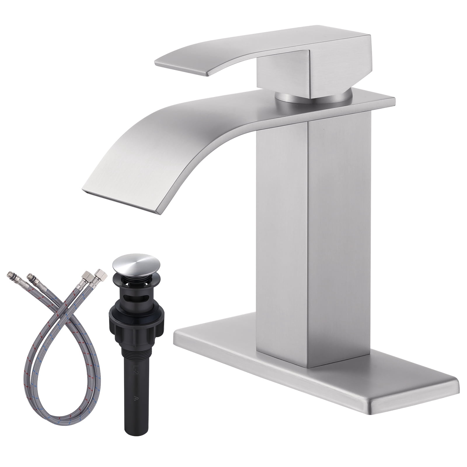 Wowow Waterfall Bathroom Faucet Brushed Nickel Faucet for Bathroom Sink Single Handle Mixer Tap Lavatory Vanity Faucet with Deck Plate and Pop Up Drain, 1 or 3 Hole
