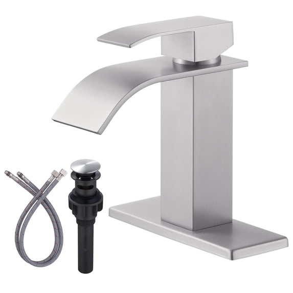 Wowow Waterfall Bathroom Faucet Brushed Nickel Faucet for Bathroom Sink Single Handle Mixer Tap Lavatory Vanity Faucet with Deck Plate and Pop Up Drain, 1 or 3 Hole