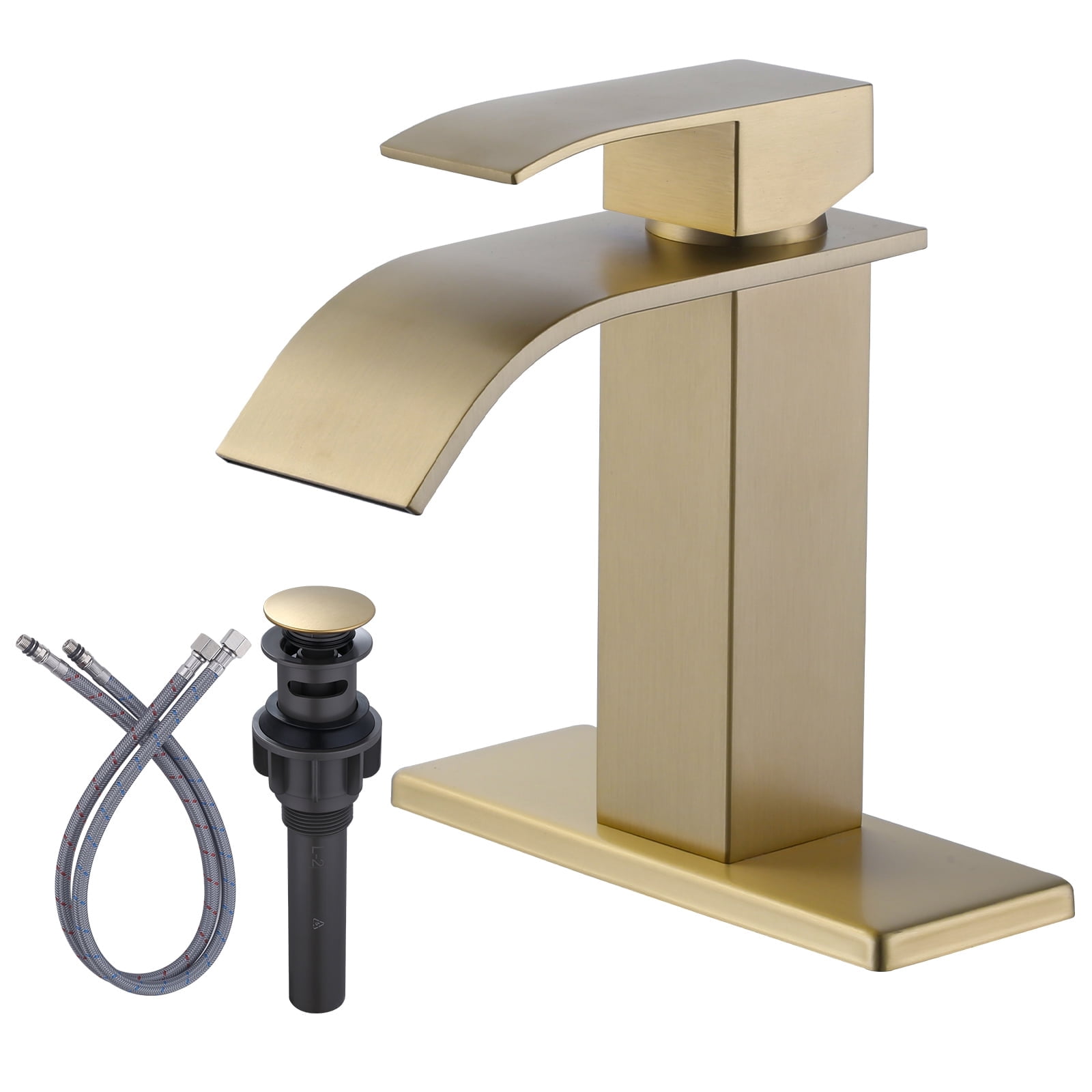 Wowow Waterfall Bathroom Faucet Gold Faucet for Bathroom Sink Single Handle Mixer Tap Lavatory Vanity Faucet with Deck Plate and Pop Up Drain, 1 or 3 Hole