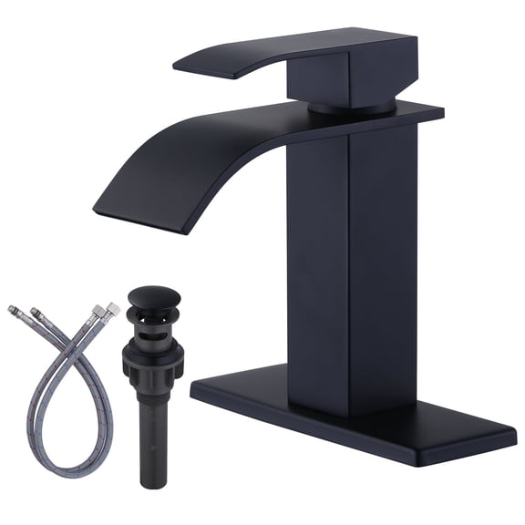 Wowow Waterfall Bathroom Faucet Matte Black Faucet for Bathroom Sink Single Handle Mixer Tap Lavatory Vanity Faucet with Deck Plate and Pop Up Drain, 1 or 3 Hole