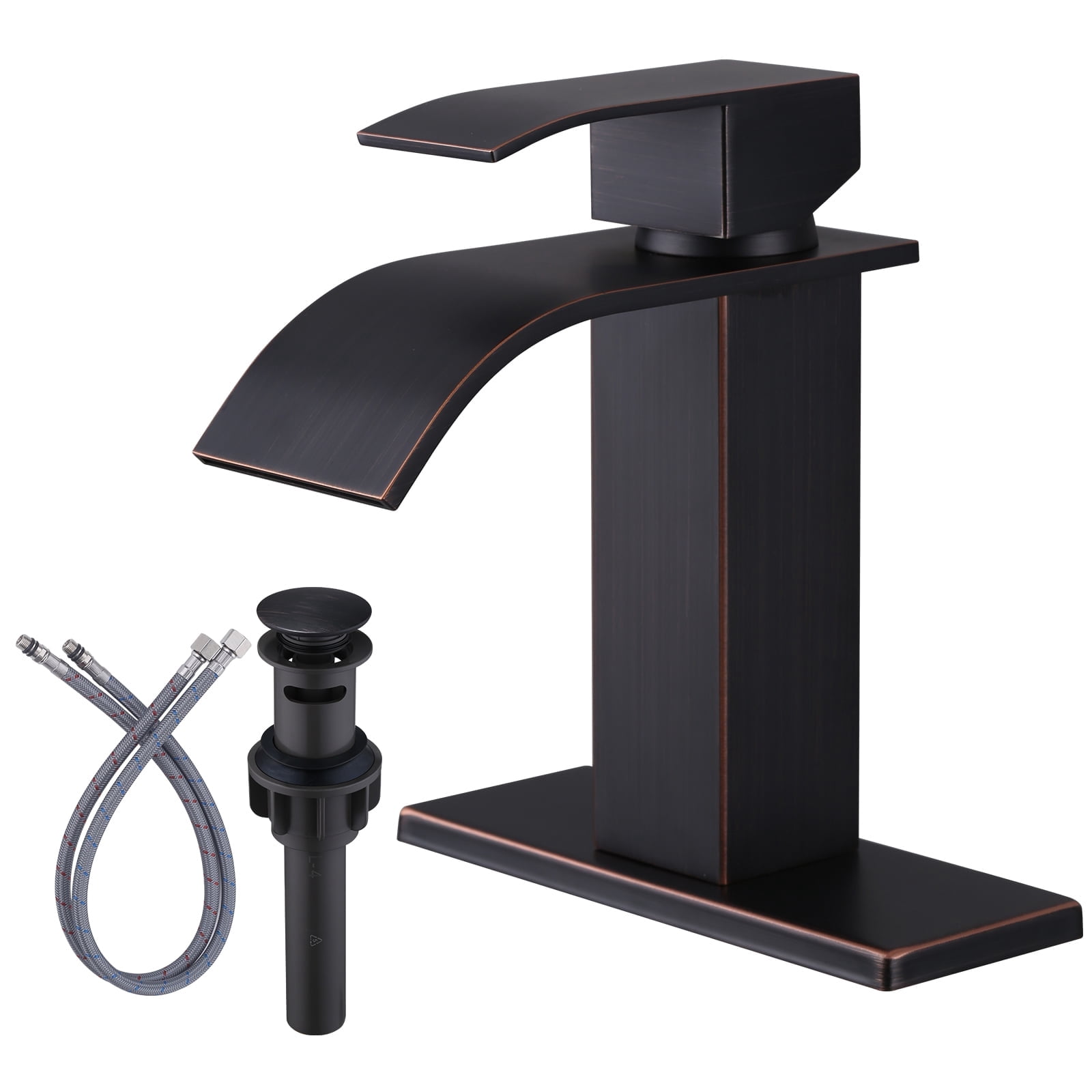Wowow Waterfall Bathroom Faucet Oil Rubbed Bronze Faucet for Bathroom Sink Single Handle Mixer Tap Lavatory Vanity Faucet with Deck Plate and Pop Up Drain, 1 or 3 Hole