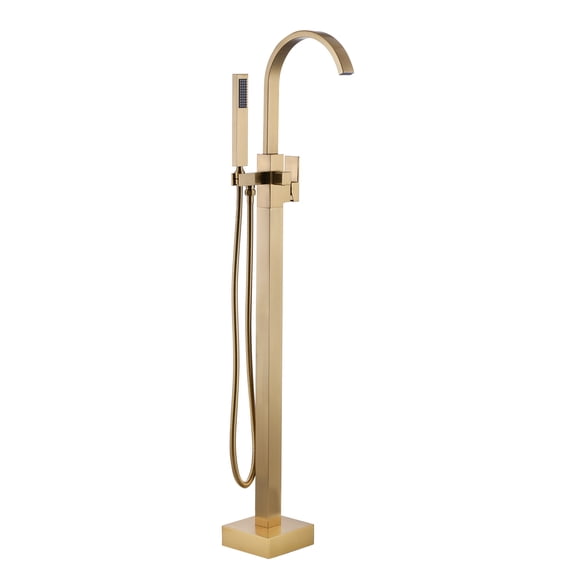 Wowow Waterfall Single-Handle Freestanding Tub Faucet with Handshower, Floor Mounted Tub Filler Faucet in Brushed Gold