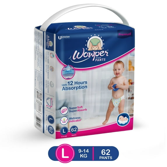 Wowper Baby Diapers | L | 62 count| Wetness Indicator |Anti Rash |up to 12 hrs Absorption |9-14 Kg | Super Soft Diaper