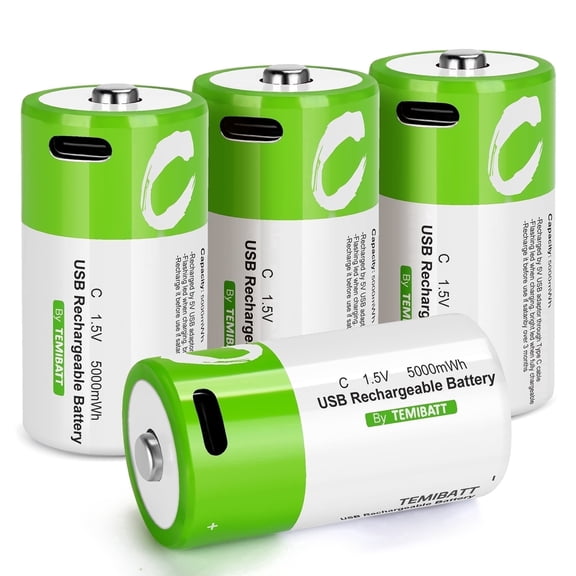Wowpower Rechargeable C General Purpose Batteries, New 4 Count, 4 Pack with 4-in-1 USB-C Charging Cable