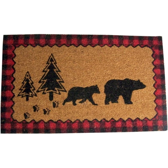 Wowser Bear Family Coir Door Mat, Rustic Buffalo Plaid Welcome Mat, 30"