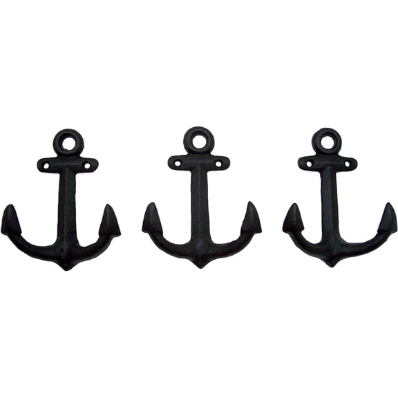 Wowser Brands Black Cast Iron Ship Anchor Hanging Wall Hooks, Pack of 3, 6 Inches