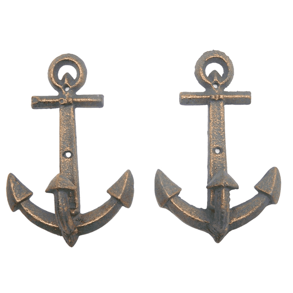 Wowser Brands Distressed Green Anchor Wall Hooks, Set of 2, Cast Iron Nautical Coat Hooks, Coastal Wall Mounted Decor, 7.5 inches