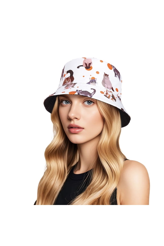 Wowstyl Unisex Cat Print Double-Side-Wear Reversible Bucket Hat Fashion Fisherman Hat Outdoor Travel Sun Cap for Men Women