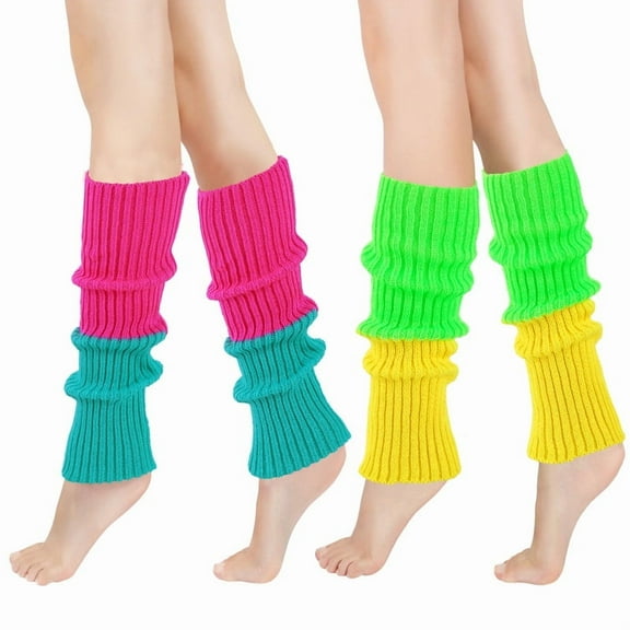 Wowstyle 2 Pairs Leg Warmers for Women 80s Ribbed Knit Leg Warmer Pack for Ballet Dance Figure Skating Yoga Party Neon