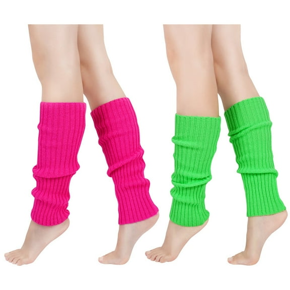 Wowstyle 2 Pairs Leg Warmers for Women 80s Ribbed Knit Leg Warmer Pack for Ballet Dance Figure Skating Yoga Party Neon