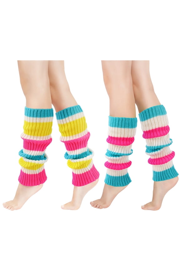 2 Pairs Leg Warmers for Women 80s Ribbed Knit Leg Warmer Pack for Ballet Dance Figure Skating Yoga Party Neon