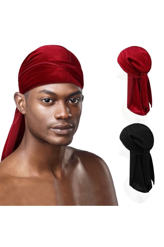 2 Pieces Velvet Durag For Men Women Solid Color Doo Rags Beanie 360 Wave Skull Cap Silky Bandana Turban Headwrap (Black & Red)