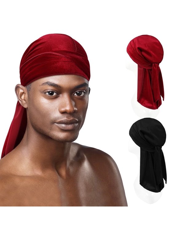 2 Pieces Velvet Durag For Men Women Solid Color Doo Rags Beanie 360 Wave Skull Cap Silky Bandana Turban Headwrap (Black & Red)
