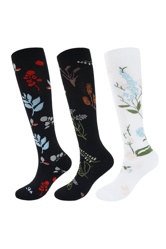 3 Pairs Flower Compression Socks for Women – Anti-Fatigue Knee-Highs with Ultra-Soft Nylon Breathable, 360° Stretch Support for Nurses, Travelers & Gym Lovers