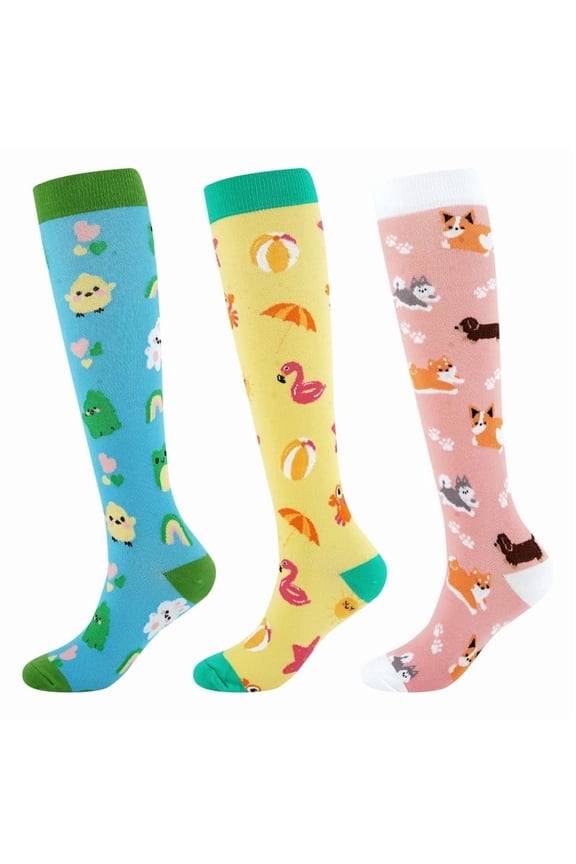 3 Pairs Animals Compression Socks for Women – Anti-Fatigue Knee-Highs with Ultra-Soft Nylon Breathable, 360° Stretch Support for Nurses, Travelers & Gym Lovers
