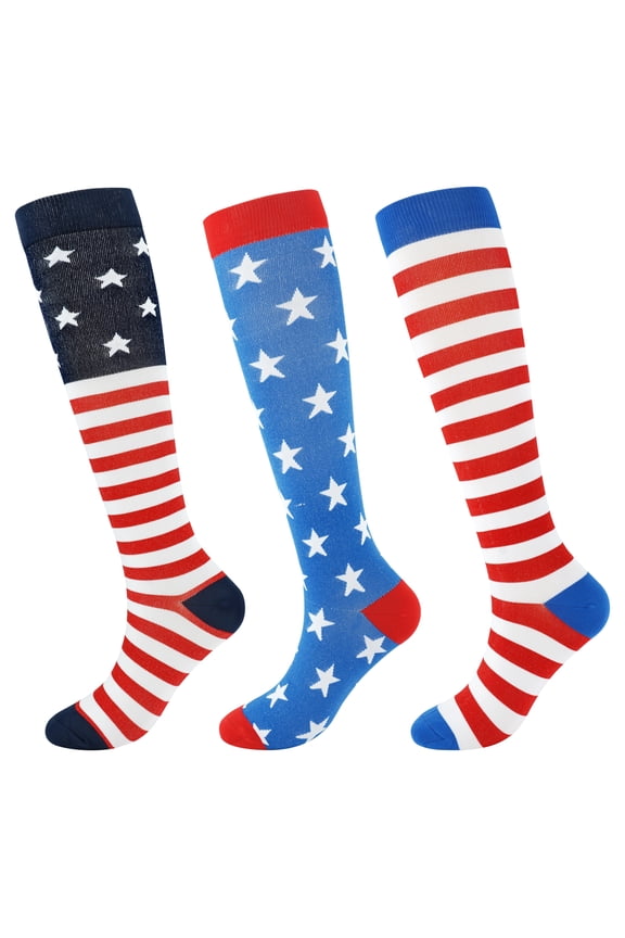 Patriotic 3-Pack American Flag Compression Socks – 4th of July Gift for Travel, Sports or Daily Wear (Knee-High, Red/White/Blue)