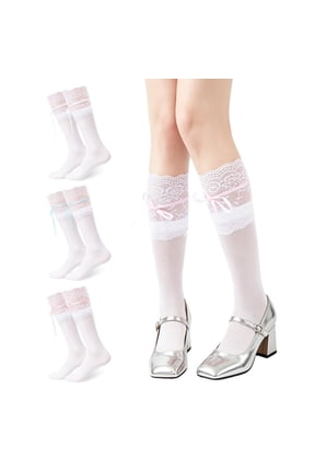 3 Pairs Women's Lace Socks Calf Stocking with Lace Trim Long Knee High Stockings Lolita Boot Socks