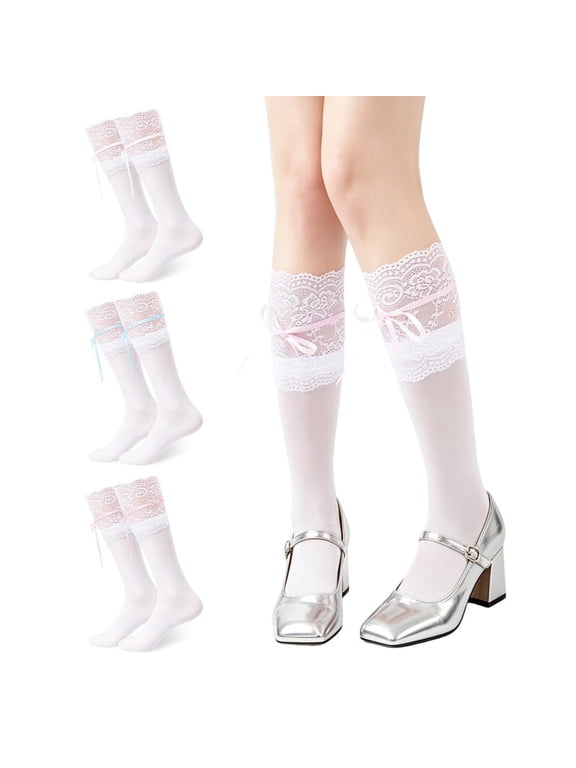 3 Pairs Women's Lace Socks Calf Stocking with Lace Trim Long Knee High Stockings Lolita Boot Socks