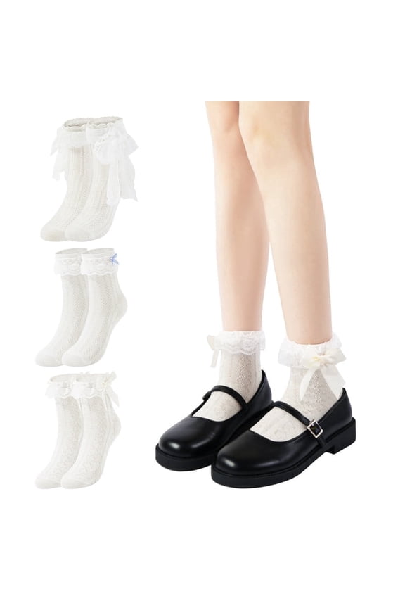 3 Pairs Women's Ruffle Ankle Socks with Bows White Lace Ruffle Socks (Size S-M)
