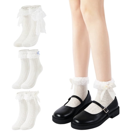 Wowstyle 3 Pairs Women's Ruffle Ankle Socks with Bows White Lace Ruffle Socks (Size S-M)