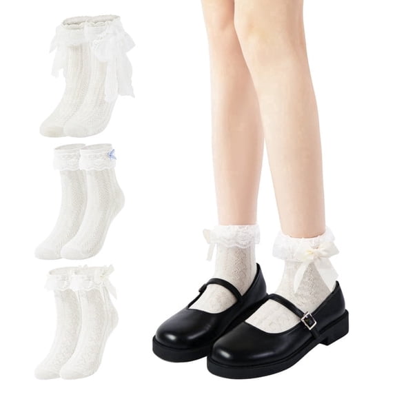 Wowstyle 3 Pairs Women's Coquette Frilly Lace Ruffle Ankle Socks with Bows Vintage Aesthetic Dress Bridal Socks