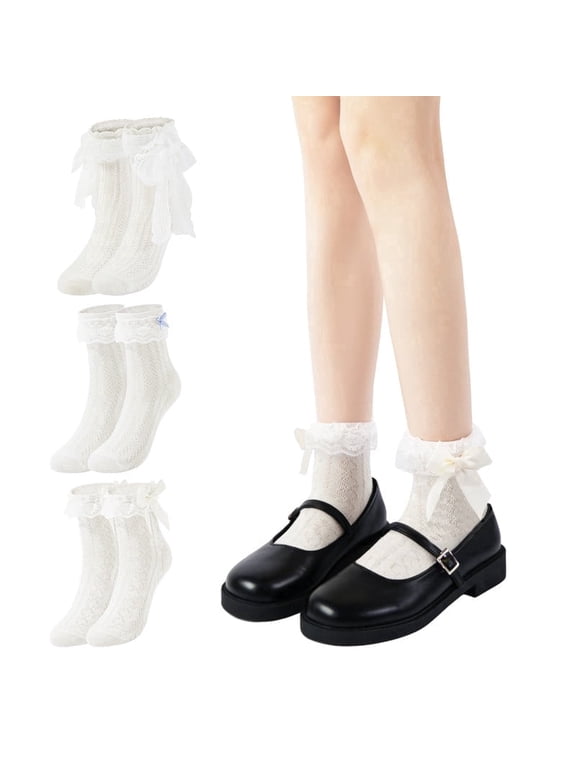 3 Pairs Women's Coquette Frilly Lace Ruffle Ankle Socks with Bows Vintage Aesthetic Dress Bridal Socks