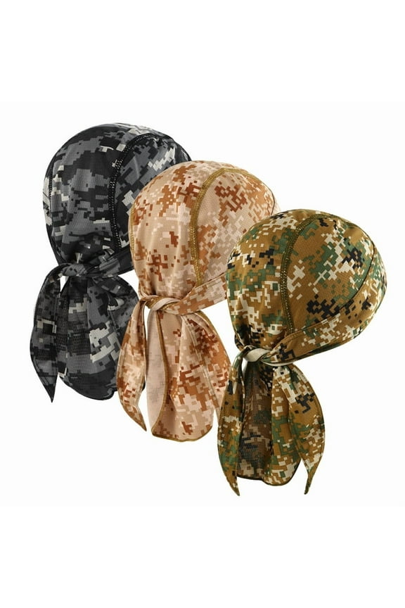3 Pcs Do Rags for Men Women Skull Cap Durag Camouflage Print Hat Beanie Head Scarf Sweat Doo Rags Helmet Liner Cycling Sports Bandana