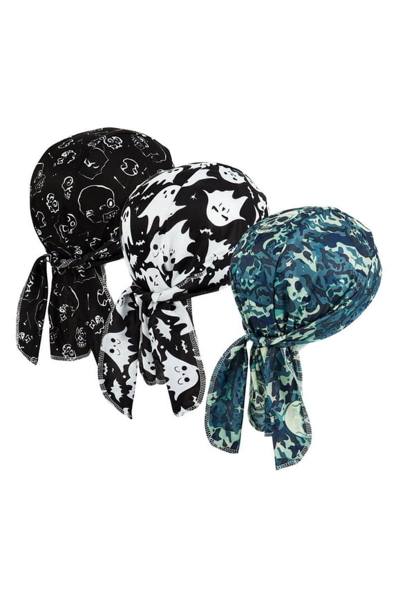 3 Pcs Do Rags for Men Women Skull Cap Durag Ghost Print Hat Beanie Head Scarf Sweat Doo Rags Helmet Liner Cycling Sports Bandana