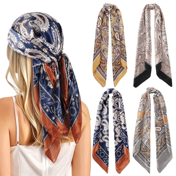 Wowstyle 35" Large Square Satin Head Scarf Silky Hair Wrap for Women Bandana Neckerchief Wild Rag Sleeping Hair Scarf Paisley Lightweight 2-Pack