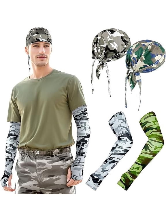 4 Pcs Do Rag Skull Cap Men Camo Sweat-Wicking Helmet Liner Beanie Doo Rag Bandana Adjustable Quick-Dry Motorcycle Cycling Pirate Hat Unisex