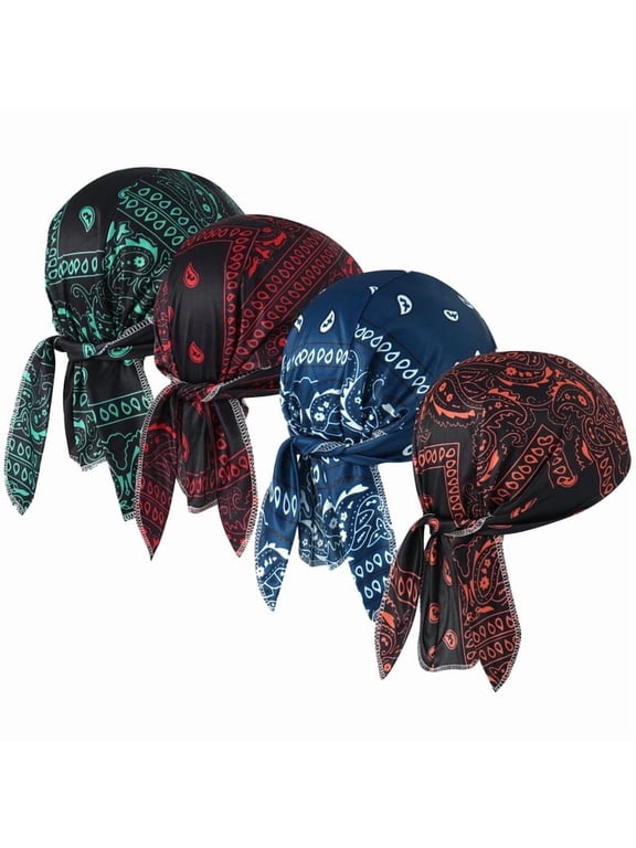 4 Pcs Do Rags for Men Women Skull Cap Durag Cashew Print Hat Beanie Head Scarf Sweat Doo Rags Helmet Liner Cycling Sports Bandana