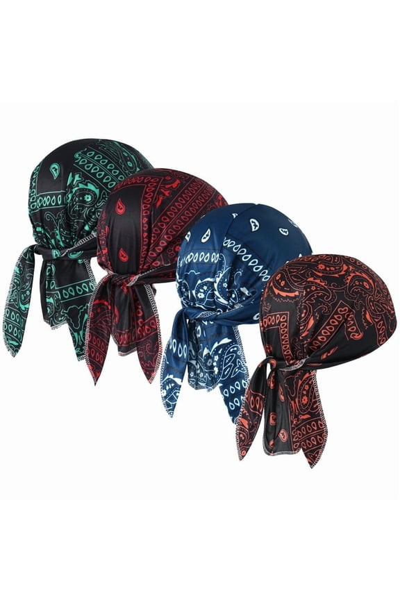 4 Pcs Do Rags for Men Women Skull Cap Durag Cashew Print Hat Beanie Head Scarf Sweat Doo Rags Helmet Liner Cycling Sports Bandana