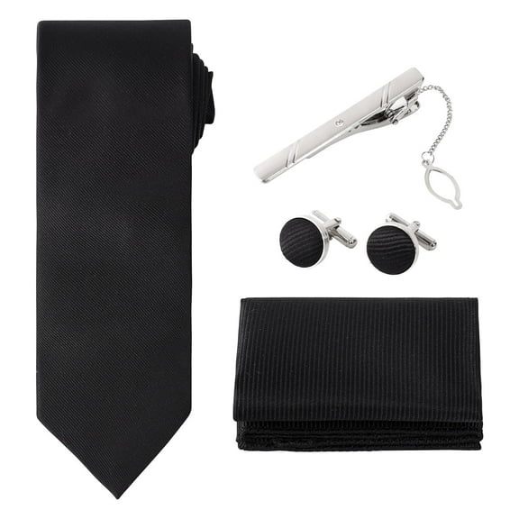Wowstyle 4Pcs Men's Classic Stripe Silk Tie Mens Ties Pocket Square Tie Set Formal Business Wedding Neckties Black